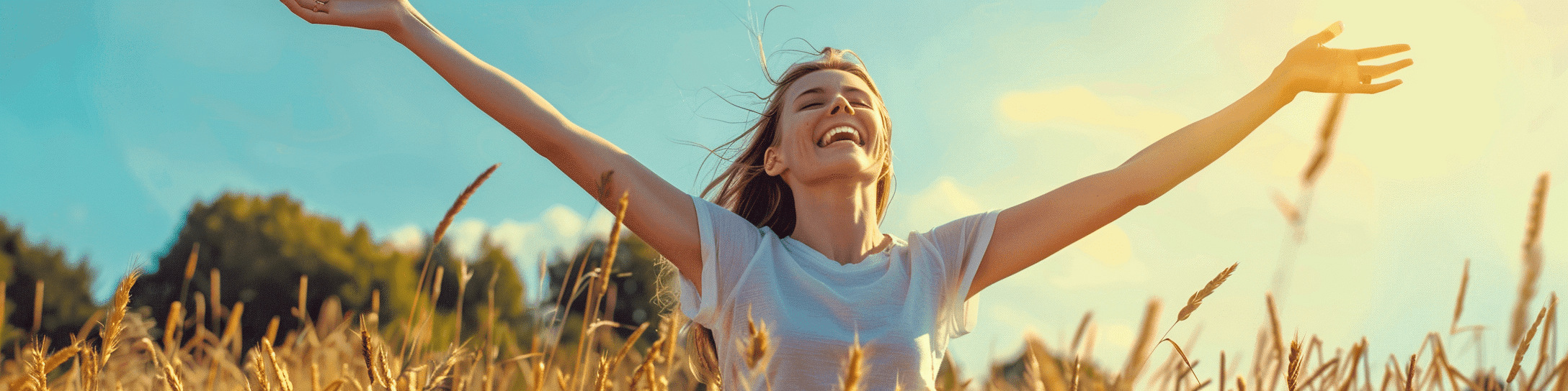 Eine Person steht mit ausgestreckten Armen auf einem Feld mit hohem Gras, lächelt in den sonnigen Himmel und strahlt ein tiefes Selbstwertgefühl aus.