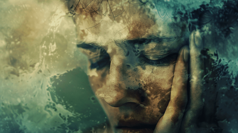 Das Gesicht einer Person mit geschlossenen Augen und einer Hand an der Wange wird hinter einer halbtransparenten Überlagerung dargestellt, die an Wasser und Blasen erinnert und ein Gefühl der Kontemplation oder Depression hervorruft.